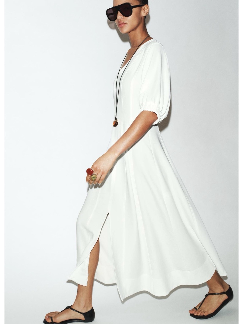 ZARA Ivory V-Neck Balloon Puff Sleeve MIDI Dress - Picture 4 of 8